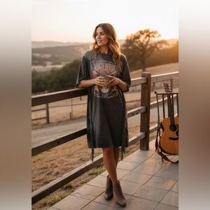 Rock & Roll Denim Women’s Gray T-shirt Dress Fringe Size L